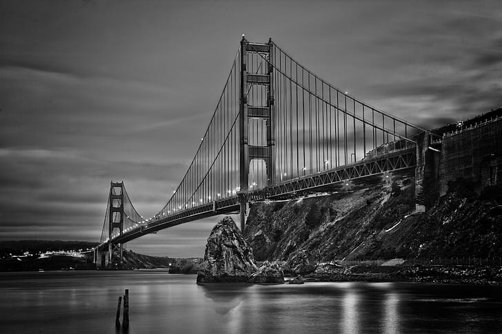 fotografia w skali szarości mostu Golden Gate, wieczór, skala szarości, fotografia, most Golden Gate, kanon, kalifornia, hdr, czarno-biały, słynne miejsce, most - struktura stworzona przez człowieka, USA, architektura, Tapety HD