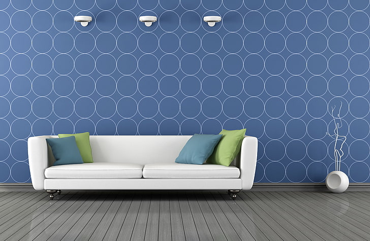 canapé blanc 2 places et quatre coussins, intérieur, coussins, design élégant, salon moderne bleu et blanc, salon moderne bleu et blanc, Fond d'écran HD