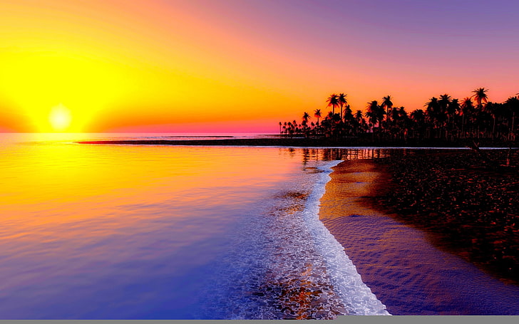 синьо море по време на залез фотография, плаж, тропици, море, пясък, палми, залез, HD тапет