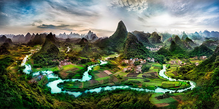 montagne verdi, arte digitale, paesaggio, Cina, Sfondo HD