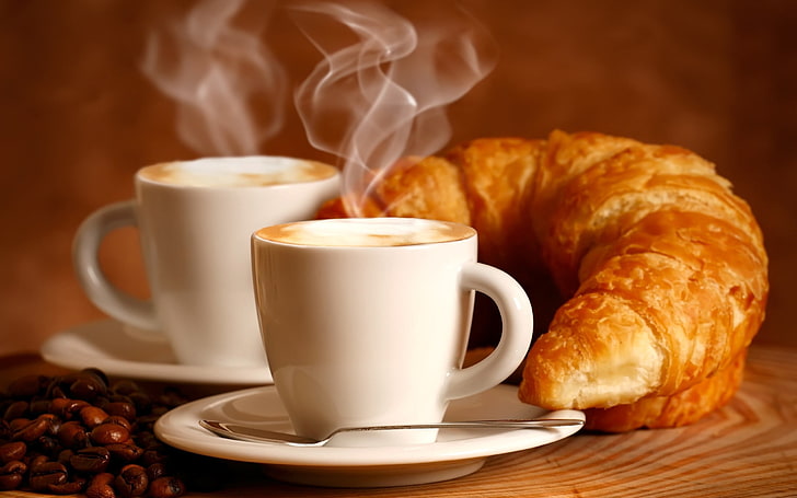 two white teacups with saucers, croissant, drink, couples, HD wallpaper
