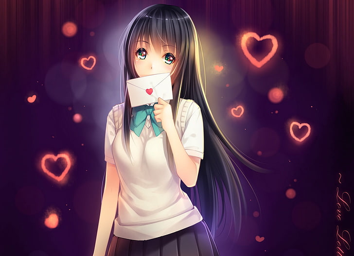 dziewczyna trzyma kartę otoczoną postać z kreskówki tapeta cyfrowa, dziewczyna, anime, pisanie, sztuka, serce, Tapety HD