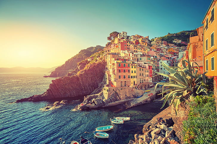 都市の景観、風景、ボート、イタリア、海、チンクエテッレ、 HDデスクトップの壁紙
