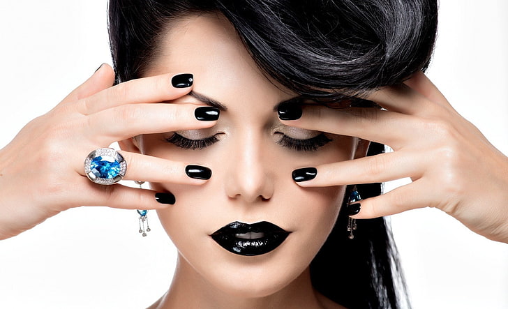 Black Lips, Black Nails, women's black lipstick, black manicure, and jeweled silver-colored ring, Girls, Black, Hair, Lips, Brunette, Nails, HD wallpaper