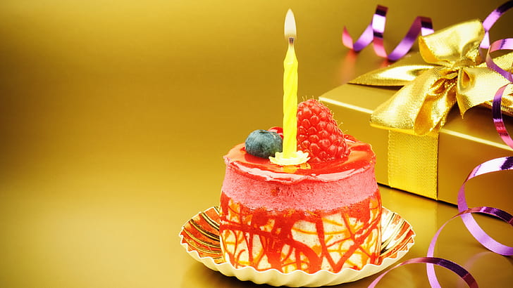 Mini bolo de aniversário, vela, morango, presente, Mini, aniversário, bolo, vela, morango, presente, HD papel de parede