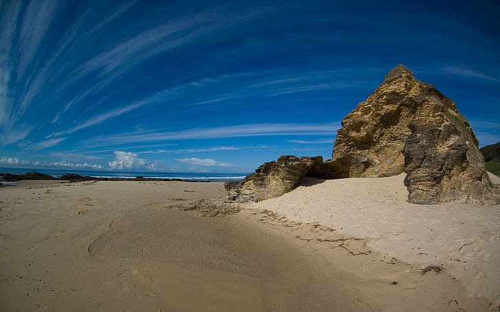 Valla Beach, pantai, batu, alam, indah, formasi, pasir, samudra, awan, biru, 3d dan abstrak, Wallpaper HD