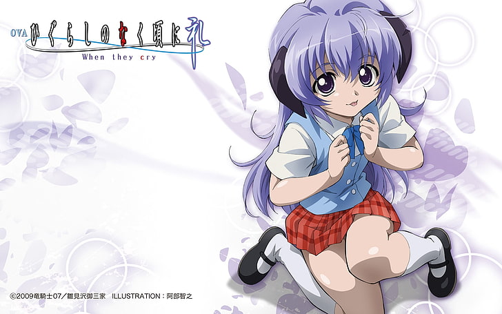purpurrote behaarte weibliche Animecharakterillustration mit Textüberlagerung, higurashi kein naku koro Ni, Mädchen, Zunge, große Augen, HD-Hintergrundbild