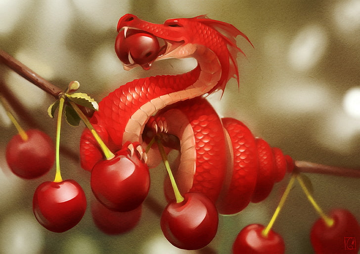 red dragon illustration, red dragon on eating cherry digital wallpaper, nature, trees, digital art, fruit, dragon, miniatures, branch, leaves, red, eating, fantasy art, cherries (food), HD wallpaper