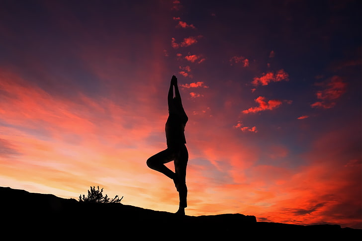 silhouette photo of person doing yoga, yoga, silhouette, sunset, man, HD wallpaper