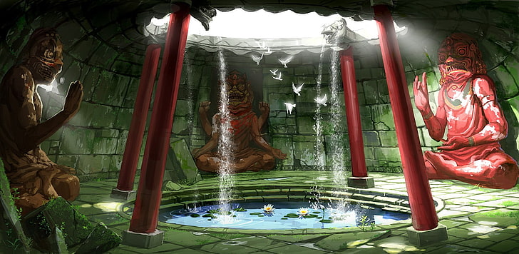 temple, étang, art fantastique, Fond d'écran HD