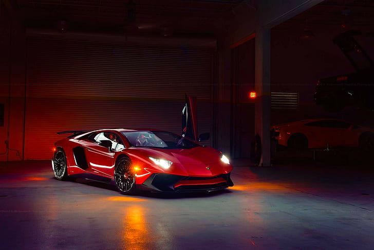 Lamborghini, Aventador, LP 750-4, Superveloce, червен спортен автомобил, Lamborghini, aventador, LP 750-4, SuperVeloce, Supercar, врати, отпред, HD тапет