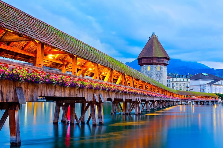 flowers, bridge, the city, lake, mountain, home, the evening, Switzerland, lighting, Lucerne, Pilatus, HD wallpaper