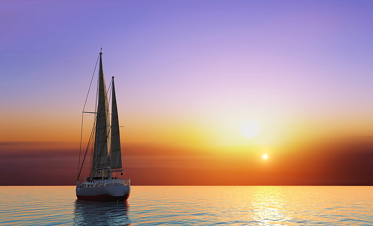 laut, langit, matahari, matahari terbenam, grafik, kapal pesiar, horizon, cahaya, layar, Wallpaper HD
