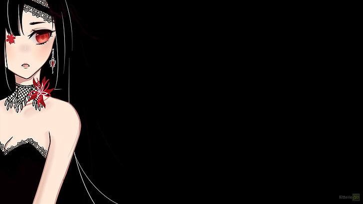 fond d'écran de personnage de dessin animé féminin, personnages originaux, cheveux noirs, yeux rouges, fleurs, Fond d'écran HD