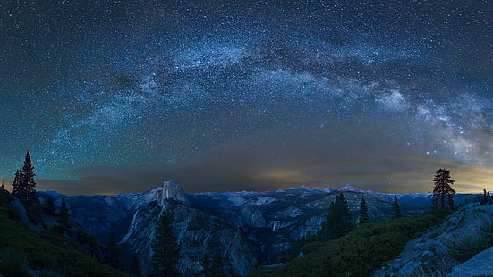 natt, USA, Kalifornien, mörker, panorama, landskap, utsikt, glaciärpunkt, fenomen, Vintergatan, nationalpark, berg, bergskedja, Yosemite National Park ,, atmosfär, natur, himmel, HD tapet HD wallpaper