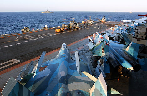 海、戦闘機、巡洋艦、ヘビー、Su-33、Ka-29、空母、クズネツォフ提督、 HDデスクトップの壁紙 HD wallpaper