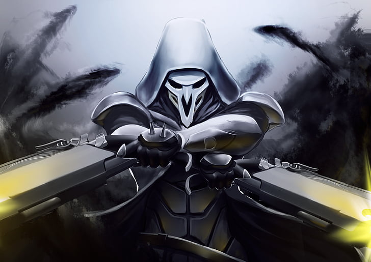 personnage masqué tenant fond d'écran numérique deux lames, Reaper, Overwatch, illustration, HD, Fond d'écran HD