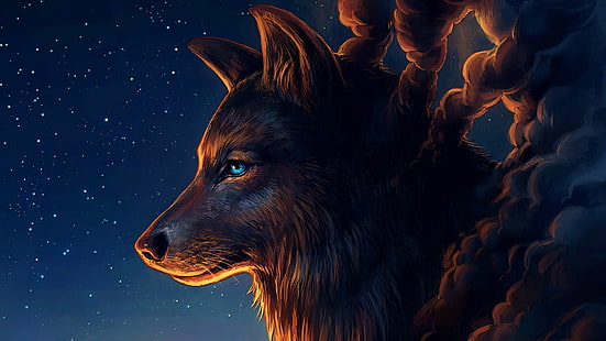 werewolf, fabulous, blue eyes, night sky, sky, starry, fantasy art, midnight, whiskers, starry night, gray wolf, snout, wolf, night, darkness, stars, wildlife, HD wallpaper HD wallpaper