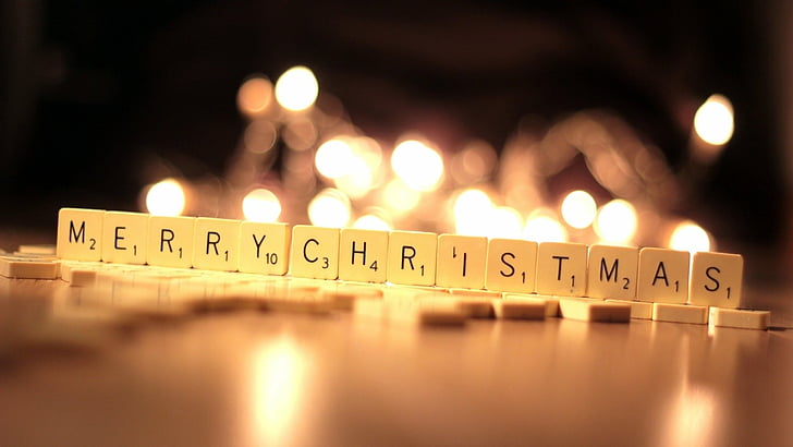 Liburan, Natal, Bokeh, Cahaya, Selamat Natal, Scrabble, Wallpaper HD