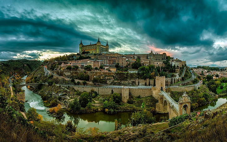 architecture, landscape, bridge, sunset, building, city, clouds, Spain, hills, river, Toledo, photography, HD wallpaper