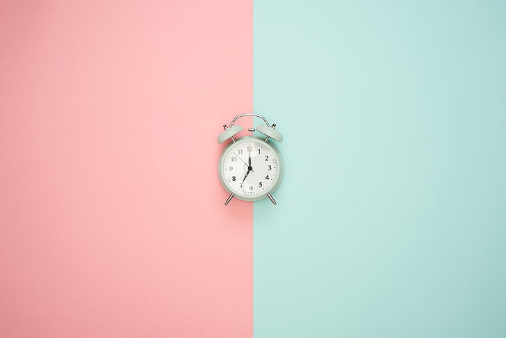 gray twin-bell alarm clock, alarm clock, minimalism, pink, pastel, HD wallpaper