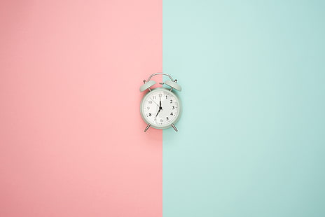gray twin-bell alarm clock, alarm clock, minimalism, pink, pastel, HD wallpaper HD wallpaper