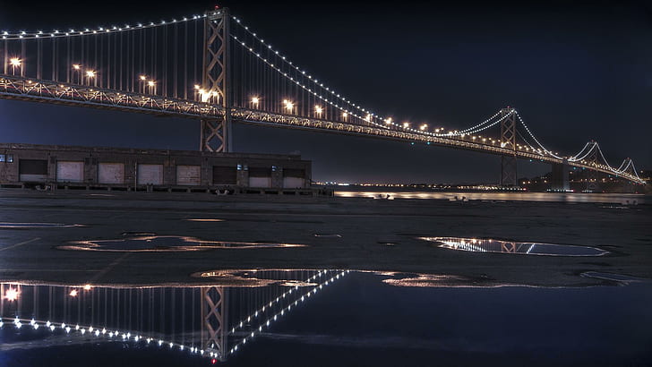 Brige Reflection, мост в залива на Оукланд, мостове, нощ, архитектура, животни, HD тапет