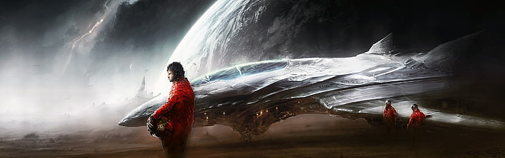 Mann drei nahe digitaler Tapete der grauen Fläche, Grafik, digitale Kunst, Panoramen, Raumschiff, Planet, futuristisch, Science Fiction, HD-Hintergrundbild