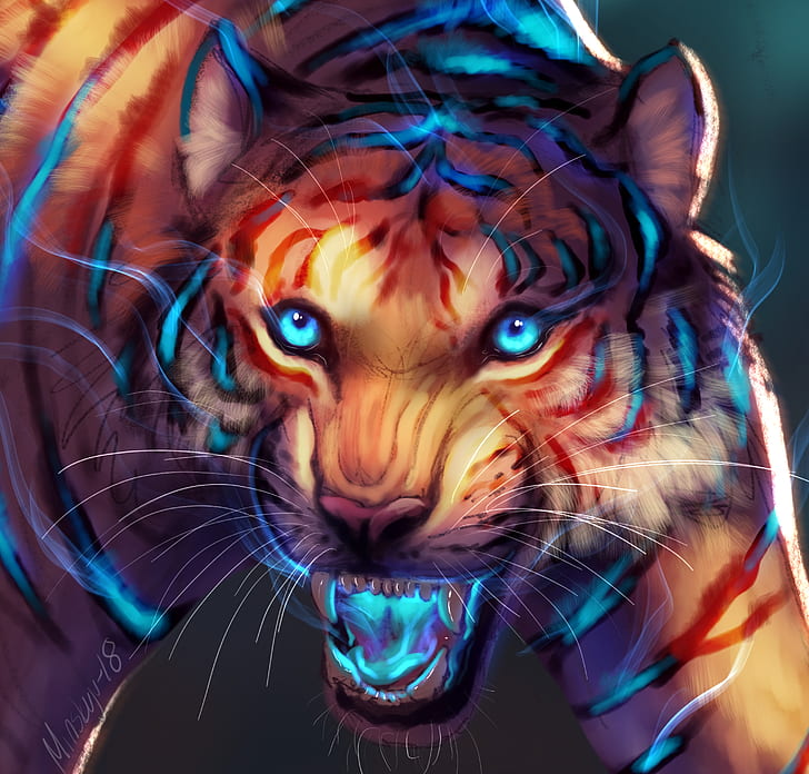 tiger, art, grin, glow, muzzle, predator, HD wallpaper