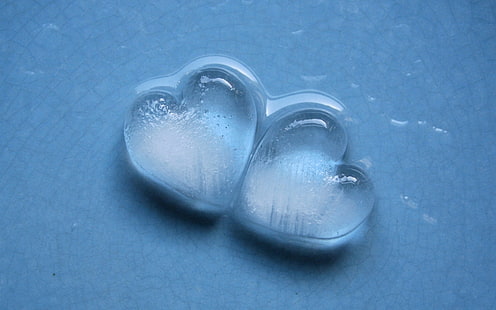 два сердца льда, фон, вода, пара, лед, сердце, форма, настроение, синий, сердце, два, HD обои HD wallpaper