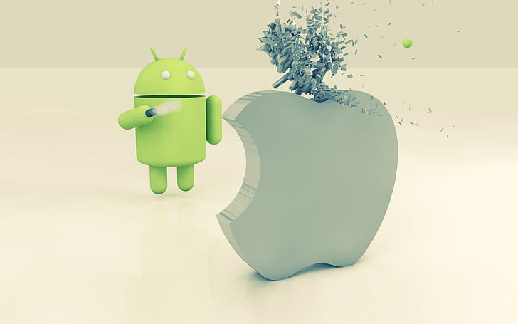 Android против Apple, фэнтези, технология, iOS, логотип Android, логотип Apple, гаджеты, HD обои