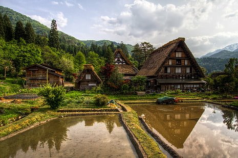 Künstlich gemacht, Ogimachi-Dorf, Landschaft, Präfektur Gifu, Japan, HD-Hintergrundbild HD wallpaper