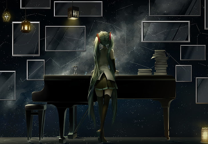 илюстрация на аниме жена, аниме, аниме момичета, дълга коса, Vocaloid, Hatsune Miku, аква коса, чорапи, пиано, книги, бедра, HD тапет
