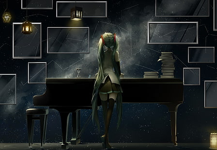 илюстрация на аниме жена, аниме, аниме момичета, дълга коса, Vocaloid, Hatsune Miku, аква коса, чорапи, пиано, книги, бедра, HD тапет HD wallpaper