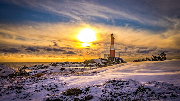 lighthouse, winter, snow, sky, freezing, horizon, sea, cloud, tower, shore, arctic, eigeroy lighthouse, norway, rogaland, egersund, north sea, HD wallpaper