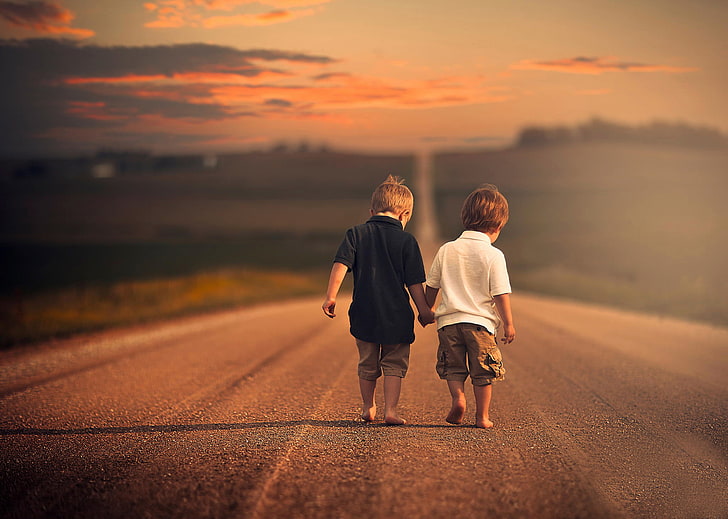 boy's white and black polo shirts, road, children, space, brothers, boys, bokeh, HD wallpaper