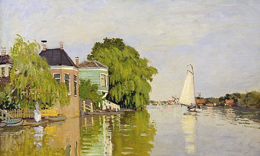Landschaft, Boot, Bild, Segel, Claude Monet, Häuser auf der Achterzaan, HD-Hintergrundbild HD wallpaper