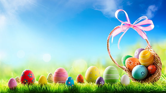 Holiday, Easter, Basket, Colorful, Easter Egg, Sky, HD wallpaper HD wallpaper