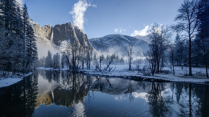 freezing, merced river, united states, california, yosemite national park, valley, yosemite valley, tree, river, reflection, wilderness, water, mountain, sky, snow, nature, winter, HD wallpaper