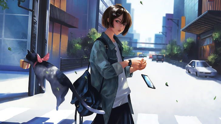 anime girls, cat boy, city, highway, car, illustration, fantasy art, Taejune Kim, HD wallpaper