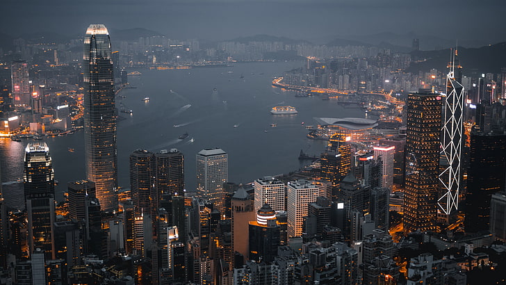 ビクトリアピーク、都市の景観、都市、夕暮れ、高層ビル、大都市、スカイライン、夜、アジア、ビュー、香港、 HDデスクトップの壁紙