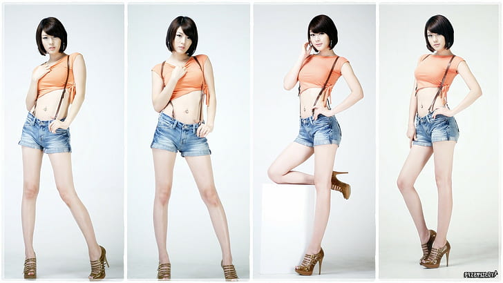 hwang mi hee азиатски жени брюнетка модел дънки шорти, HD тапет