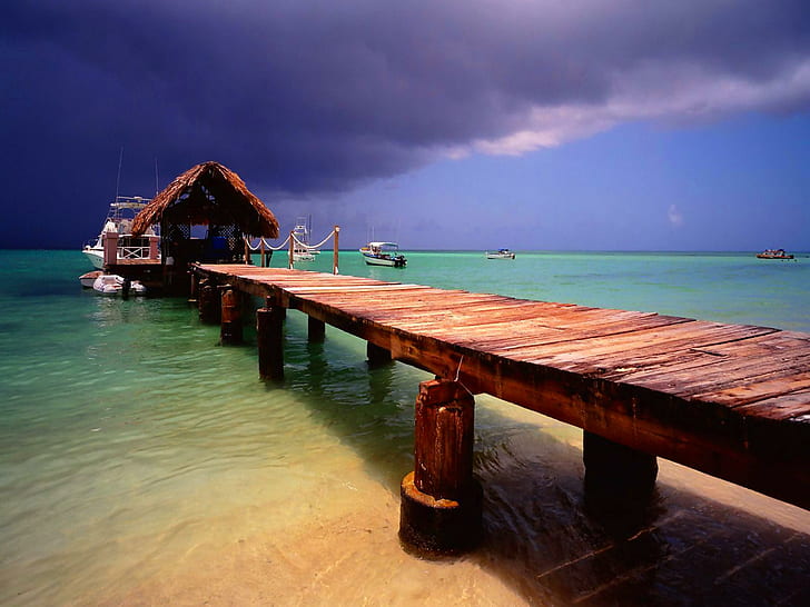 Tropical Pier, brown wooden seadock, lovely, horizons, breeze, cabin, tropical, rest, bungalow, nice, shore, beautiful, water, tropics, HD wallpaper
