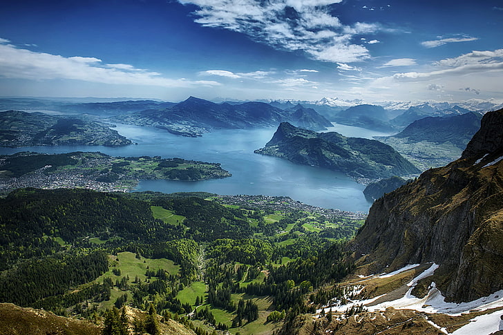 جبال خضراء ، جبال ، بحيرة ، بانوراما ، المنظر من الأعلى ، سويسرا ، بحيرة لوسيرن، خلفية HD