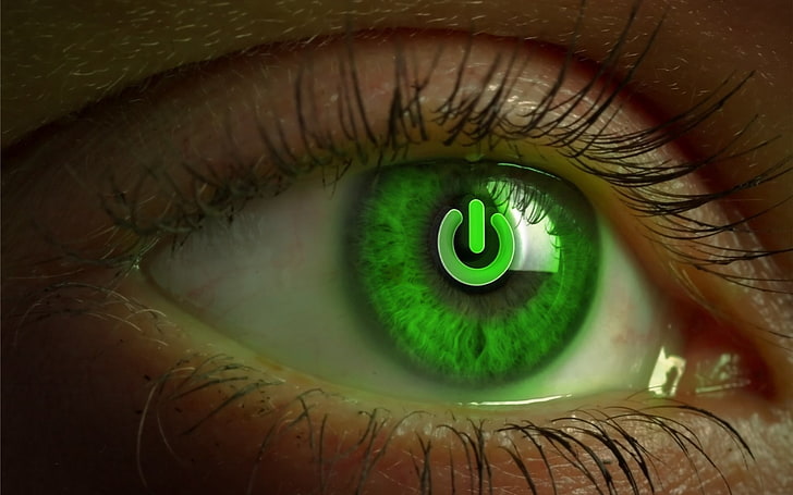 eyes, power buttons, green eyes, HD wallpaper