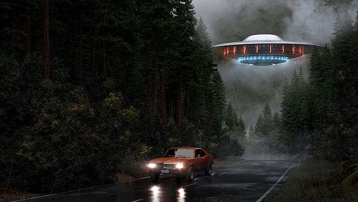 3D, road, UFO, spaceship, car, render, forest, flying, mist, rain, artwork, futuristic, science fiction, lights, Ford, vehicle, HD wallpaper