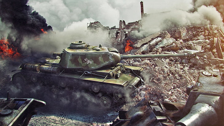 Ilustración de tanque militar gris y marrón, la ciudad, fuego, guerra, tanque, ruinas, tanques, world of tanks, brew, wot, los kV-1, Fondo de pantalla HD