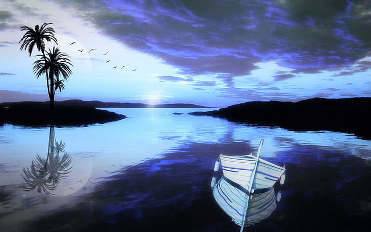 Ciche smutki w pustych łodziach, biało-czarny drewniany kajak, pusty, cichy, niebieski, łódź, przyroda i krajobrazy, Tapety HD