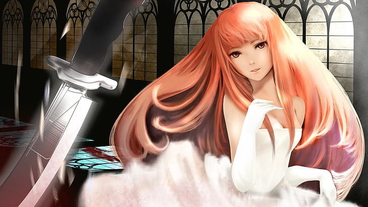 woman with orange hair wearing white tube dress illustration, anime, girl, hair, sword, castle, fear, HD wallpaper