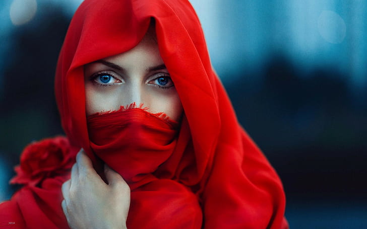 face, red, model, women, scarf, eyes, veils, blue eyes, HD wallpaper
